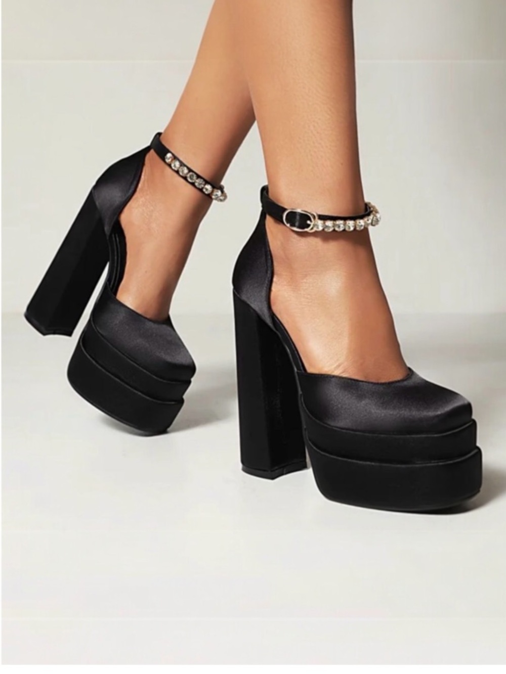 Black Satin Double‎ Platform Pumps Rhinestone Ankle Strap Square Toe Heels 37